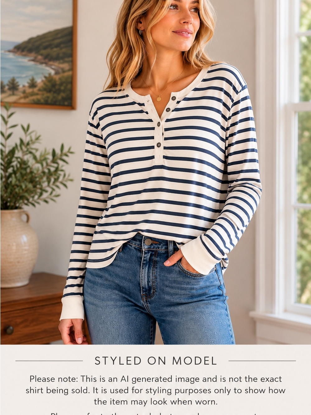 J.Crew Striped Henley Long Sleeve Tee Cream Navy Large Casual Cotton Blend